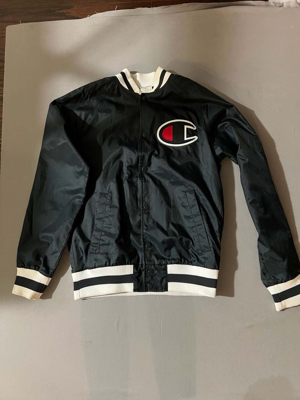 Champion Varsity Bomber Jacket Size Small Black Big C Logo Spellout